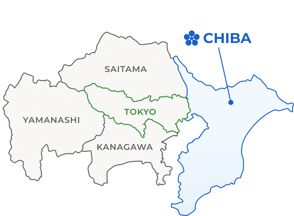 Image of a map showing the location of Tokyo, Saitama, Yamanashi, Kanagawa, and Chiba prefectures. Chiba is located in the eastern part of Tokyo.