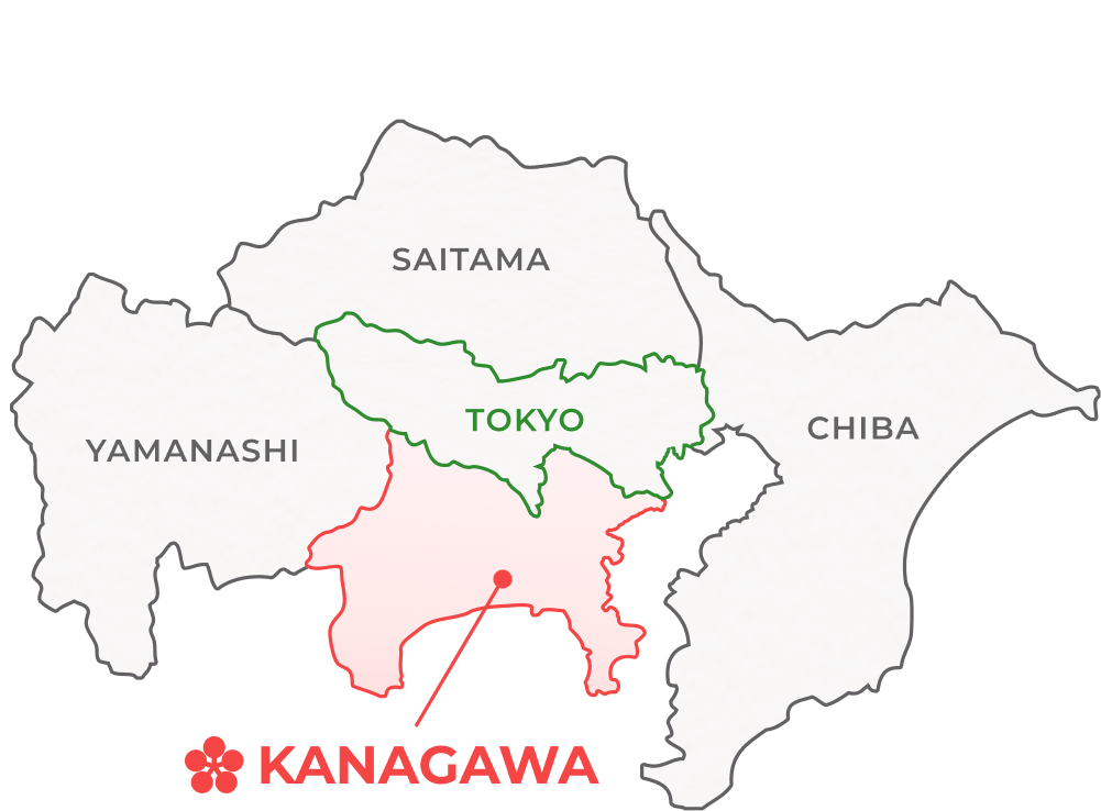 Image of a map showing the location of Tokyo, Saitama, Yamanashi, Kanagawa, and Chiba prefectures. Kanagawa is located in the southern part of Tokyo.