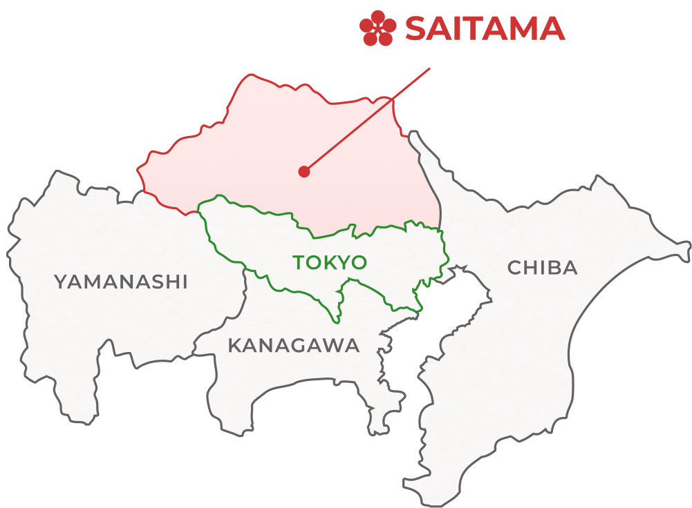 Image of a map showing the location of Tokyo, Saitama, Yamanashi, Kanagawa, and Chiba prefectures. Saitama is located in the north of Tokyo.