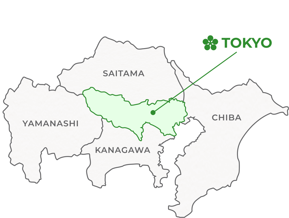 Image of a map showing the location of Tokyo, Saitama, Yamanashi, Kanagawa, and Chiba prefectures. Tokyo is centrally located.