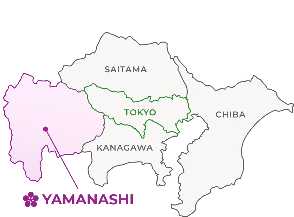 Image of a map showing the location of Tokyo, Saitama, Yamanashi, Kanagawa, and Chiba prefectures. Yamanashi is located in the western part of Tokyo.